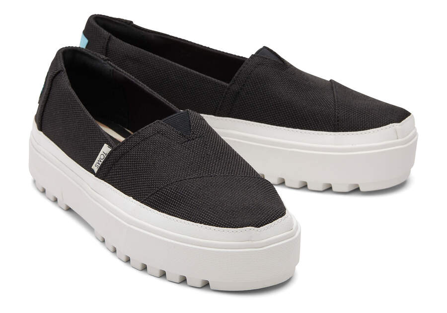 Black Canvas Toms Lug Platform Slip On Australia Sale | AU672-233